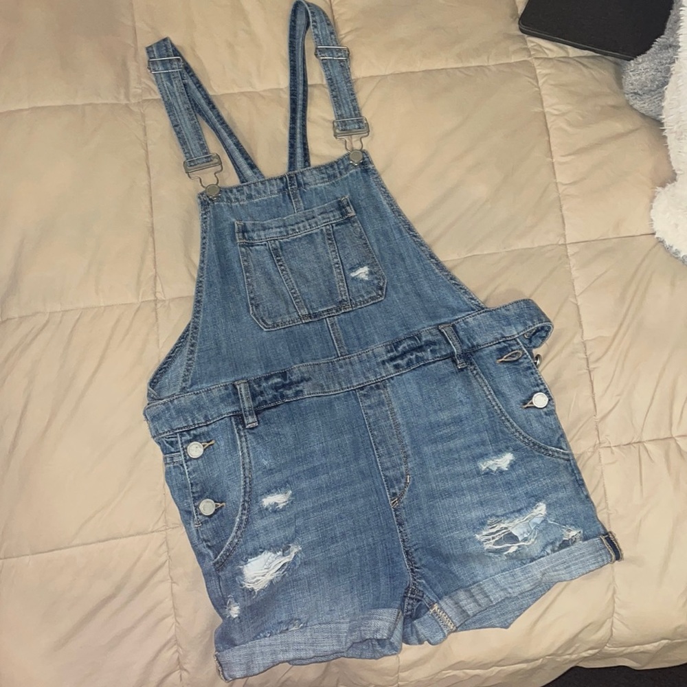 Denim distressed overalls